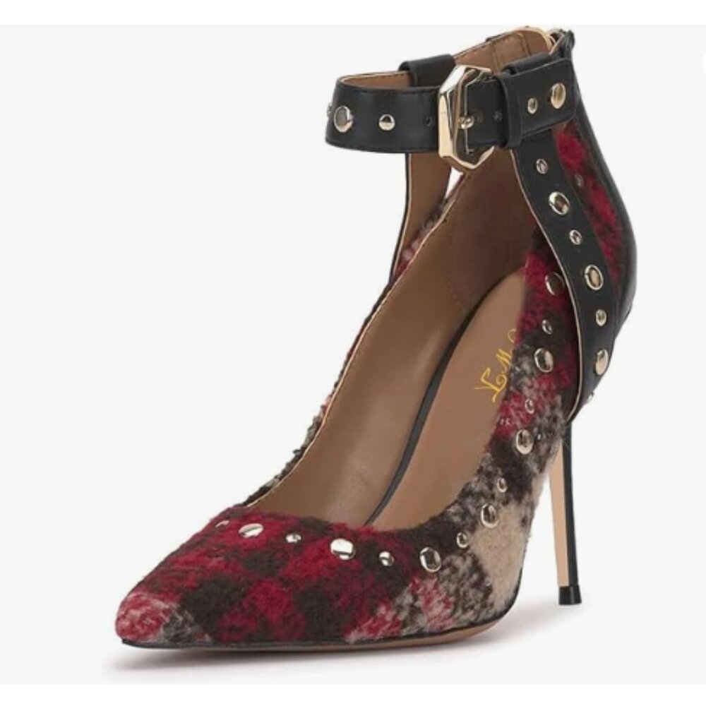 FOWT Red Pointed Toe Rivet Studded Pumps Ankle Strap Stiletto Heels Sexy Shoes